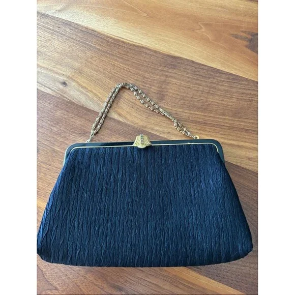 Vintage Black Evening Purse Clasp Closure and Gold Tone Chain and Clasp