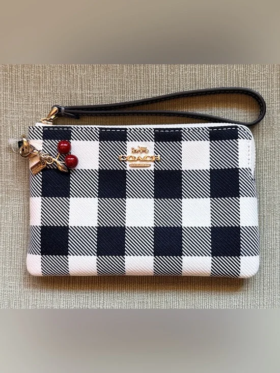 COACH Black & White Check Gingham Wristlet with Cherry Charm NWT
