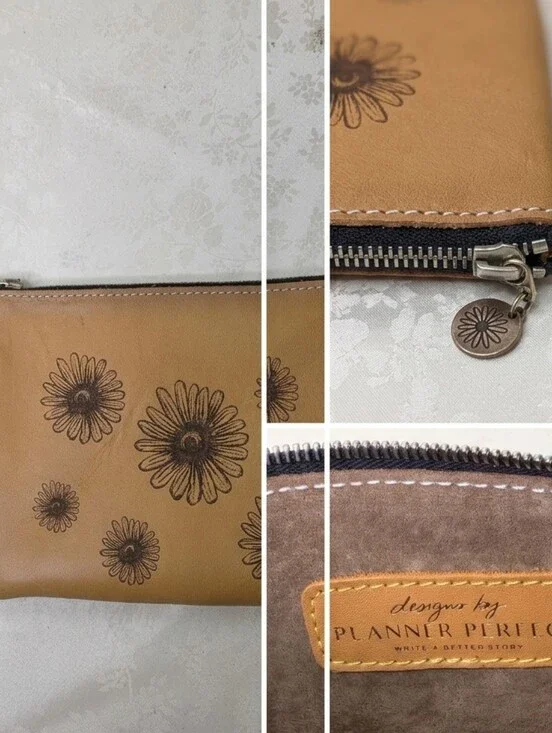 Designs by Planner Perfect Daisy Engraved Leather Pouch Makeup Planner Bag Tan