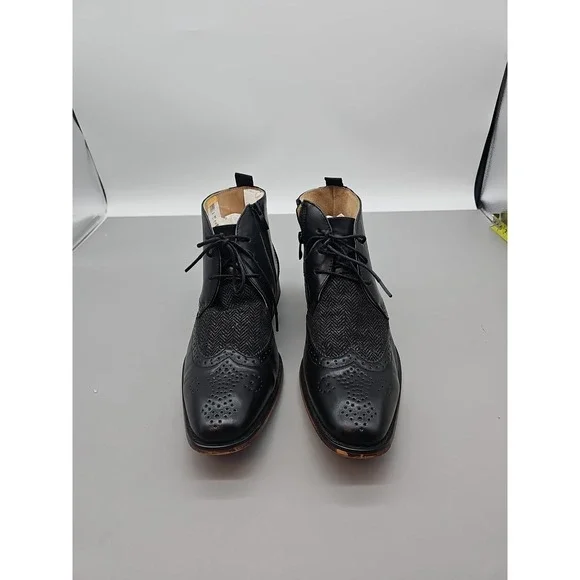 Mens High Top Boot Gino Vitale Leather Wingtip Zip Herringbone Tweed Black Sz 8.