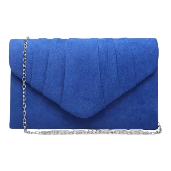 Women's Evening Bag Pleated Envelope Clutch Royal Blue Silver Chain