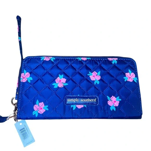 New Simply Southern‎ Wallet Wristlet Clutch Quilted Floral Rose Navy Blue Cash
