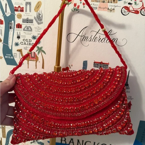 Red Beaded Evening Clutch Bag Seed Bead Crystal‎ Formal Crossbody Handbag
