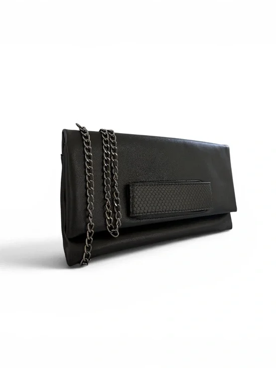 Elegant Black Foldover Chain-Strap Clutch