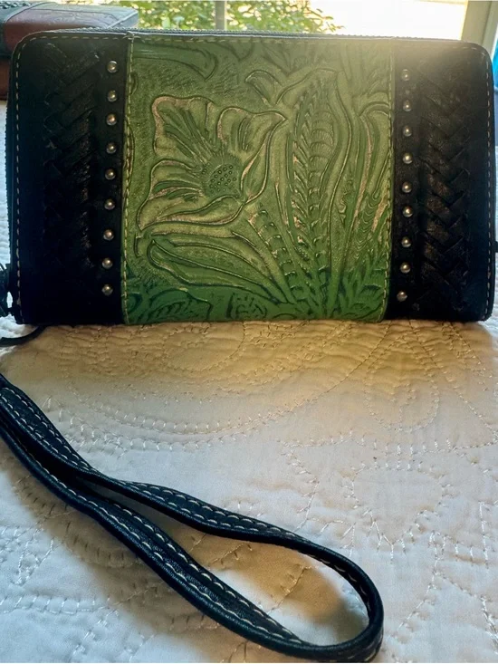 Montana West Green Tooled Floral Wristlet Clutch with Black Trim