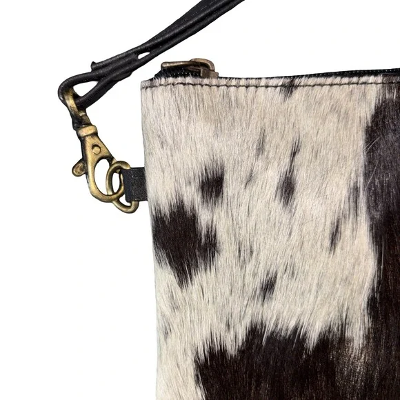 Genuine Cowhide Leather Wristlet Clutch Black Brown White Hair Tassel Bag
