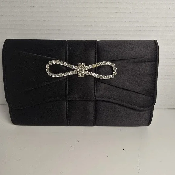 La Regale Black Satin Clutch Rhinestone Bow Evening Bag‎ Formal Occasion