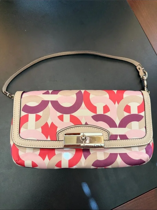 Coach Pink Red Purple Geometric Wristlet with Beige Trim