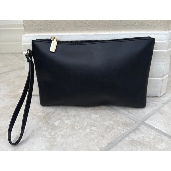 Lovevook Black Vegan Leather Logo Lined Gold Hardware Wristlet New