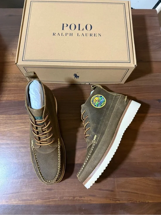 Polo Ralph Lauren Ranger Suede Workboot Size 10.5 Desert Tan Boots Logo Patches