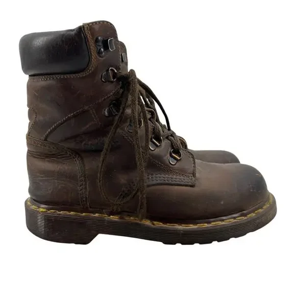 Vintage Dr Martens Mens 5 Boots Brown Leather Steel Toe High Top Made England