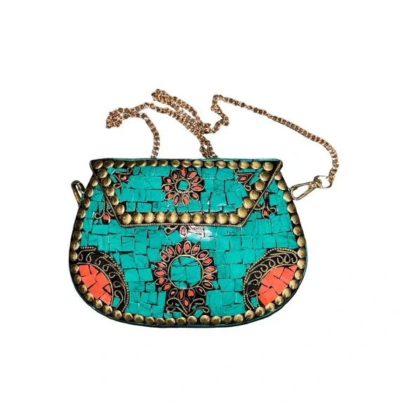 Ramla Handmade Moroccan Turquoise Tile Mosaic Clutch Crossbody Bag Artisan Boho