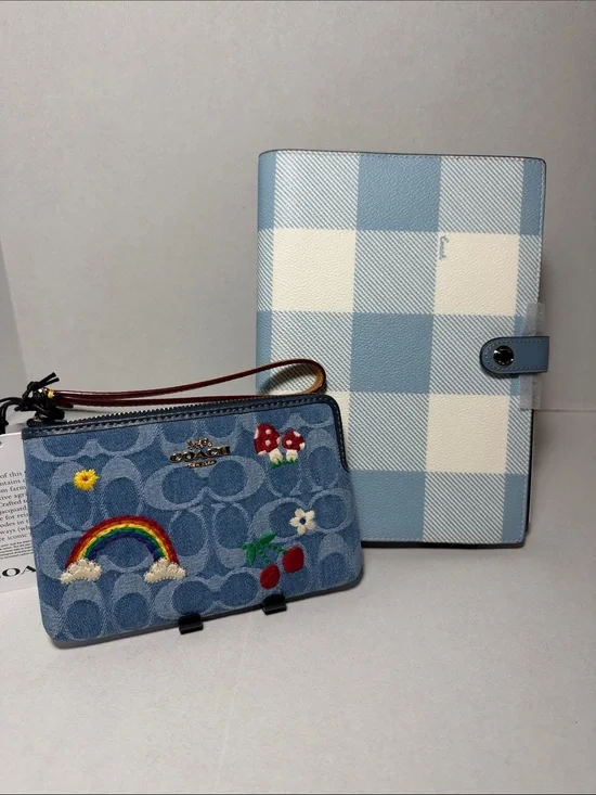 Coach Notebook With Gingham Print Corner Zip Wristlet In Signature Denim