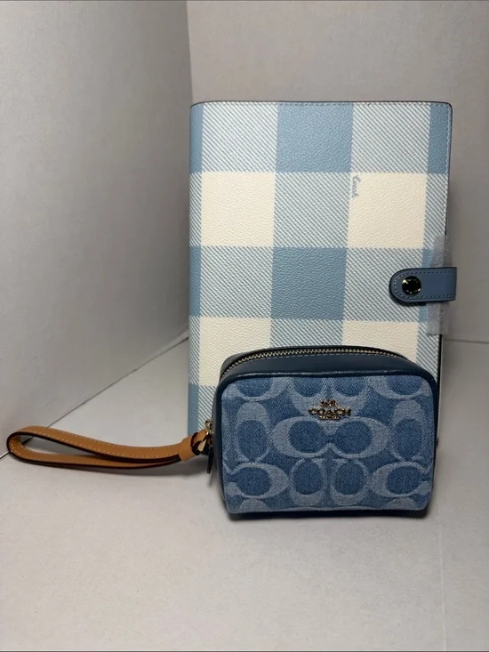 Coach Notebook With Gingham Print Denim Logo Wristlet