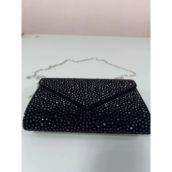 Vintage 80s Black Velvet Rhinestone Clutch Silver Chain Evening Bag‎