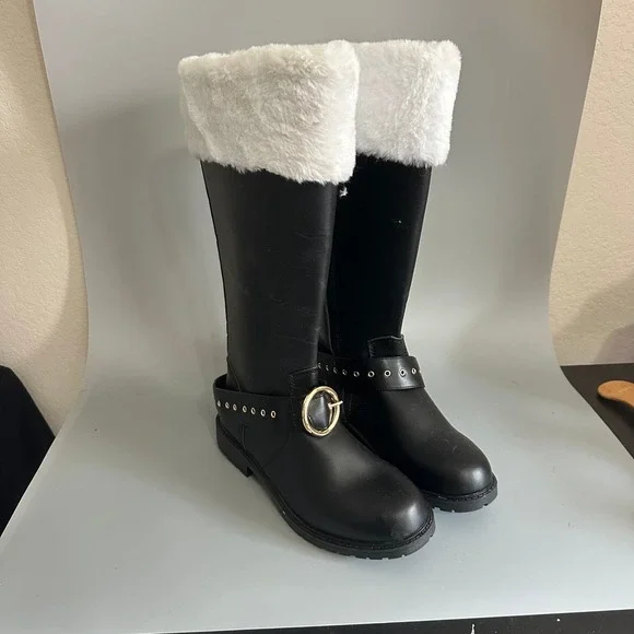 Mens Black Faux Leather Santa Claus Boots White Fur Trim Gold Buckle Size 10.5