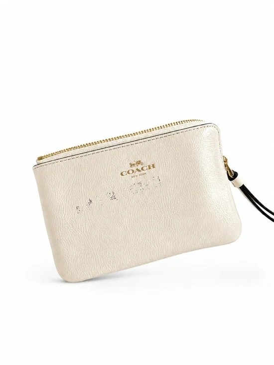 COACH Cream Leather Zip Wristlet with Strap