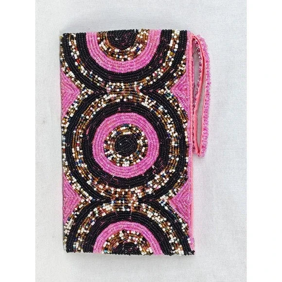 Vintage Pink Black Concentric Circle Seed Beaded Wristlet Clutch Evening Bag