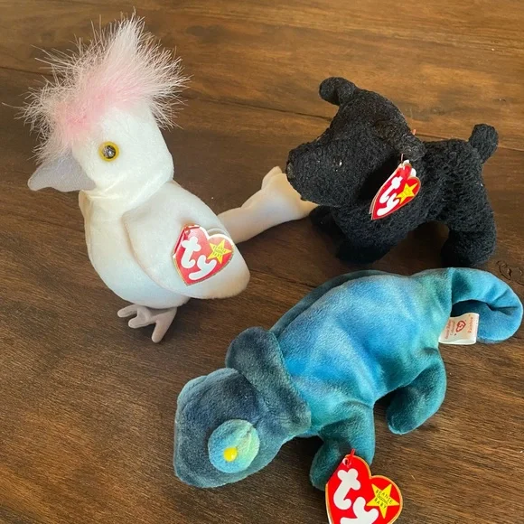 Ty Beanie Plush Trio - White & Pink Cockatoo, Blk Scottie, Blue-Green Chameleon