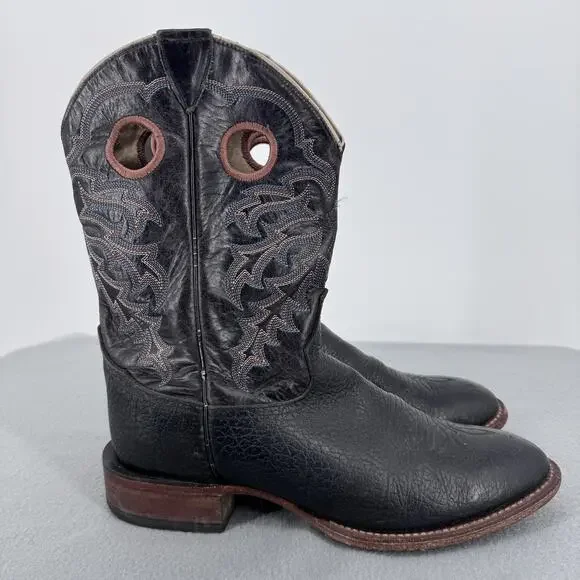 Tony Lama Black Leather Western Cowboy Boots Mens 10.5‎  Pull Holes Made Mexico