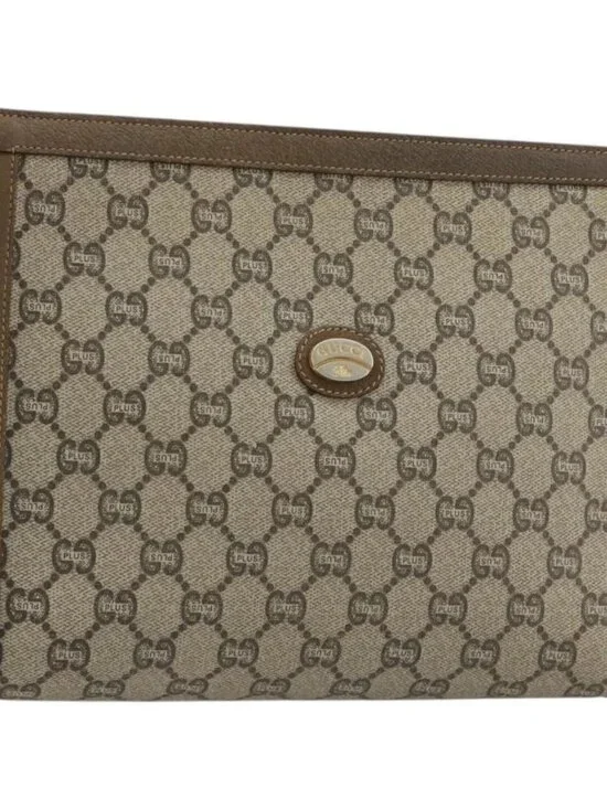 GUCCI GG Supreme Clutch Bag PVC Beige Gold Auth gh2128