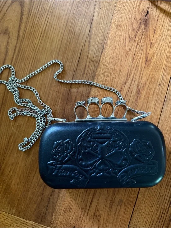 Harley Davidson Black Embossed Skull Knuckle Clutch with Chain