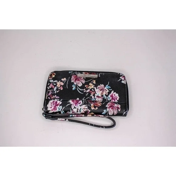Nine West Wristlet Floral Faux Leather Black