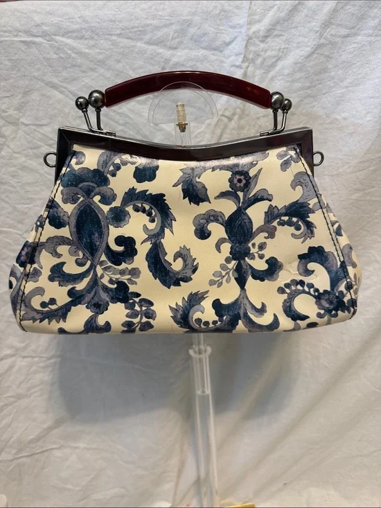 Patricia Nash Cream and Navy Floral Frame Clutch