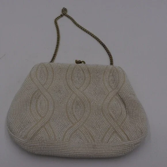Richere Vintage Beaded White Evening Clutch Purse With Chain