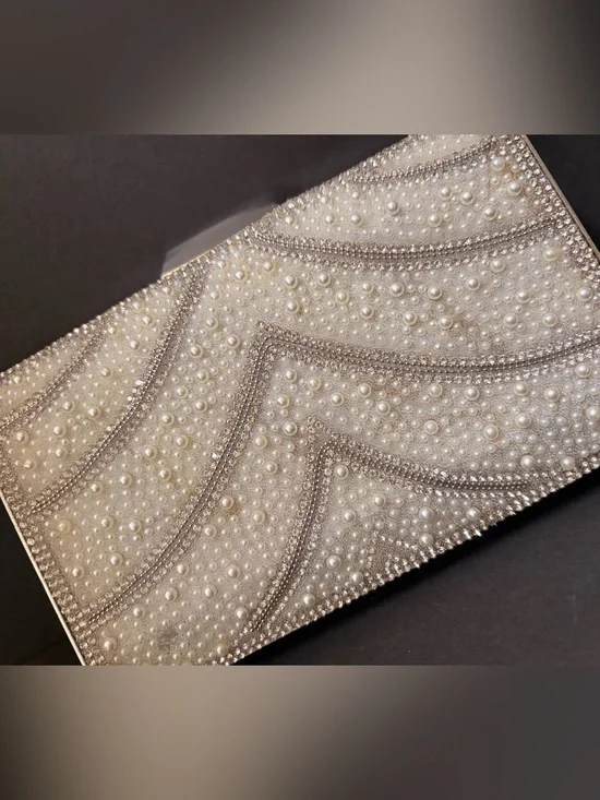 Pearl & Crystal Embellished Clutch - Ivory