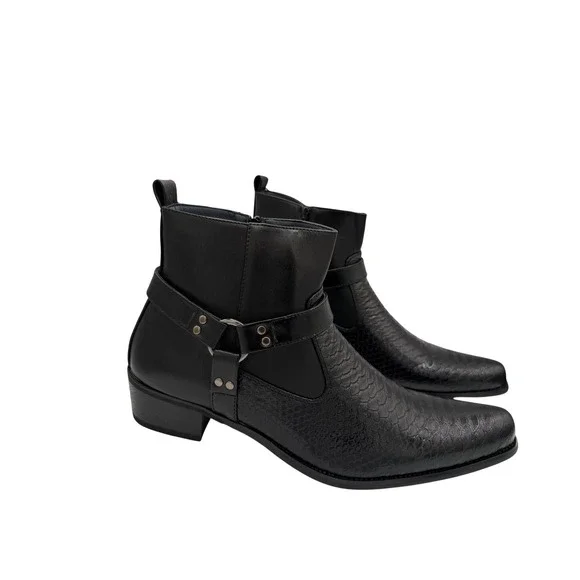 Alberto Fellini Men Black Snakeskin Texture Harness Ankle Boots Side Zip Size 13