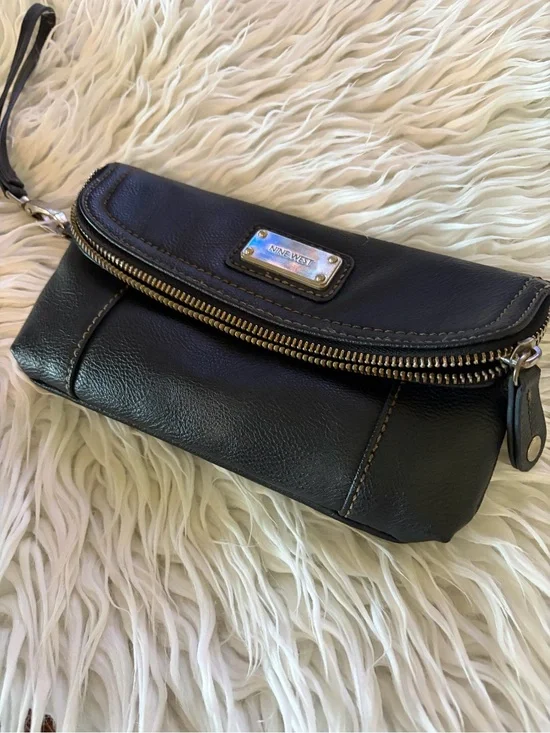 Nine West Black Leather Zip-Top Wristlet Clutch