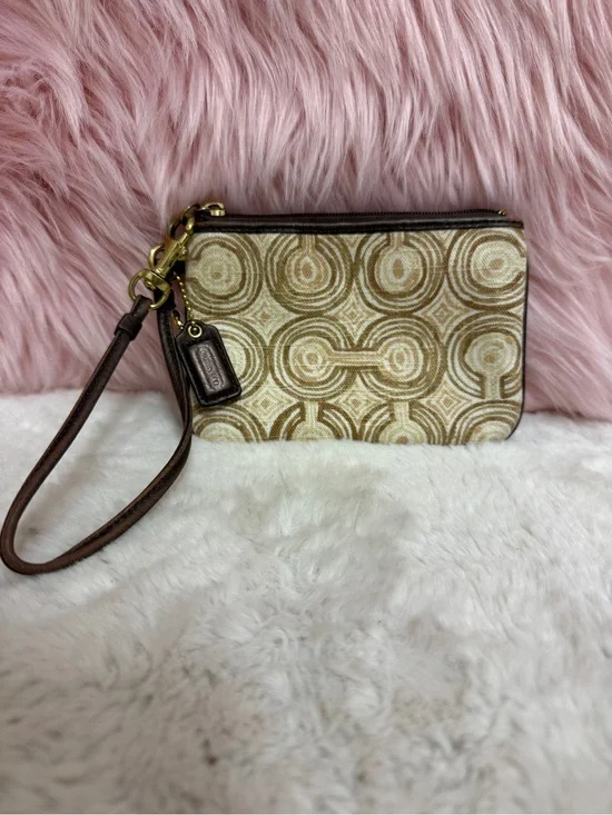 Coach Neutral Circle-Pattern Wristlet Clutch - Beige and Brown
