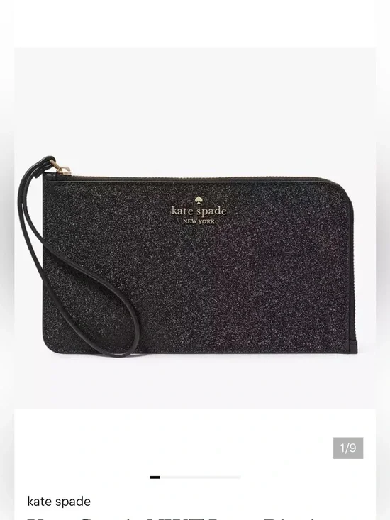 Kate Spade NWT Lucy Black Glitter L Zip Wristlet new with tags