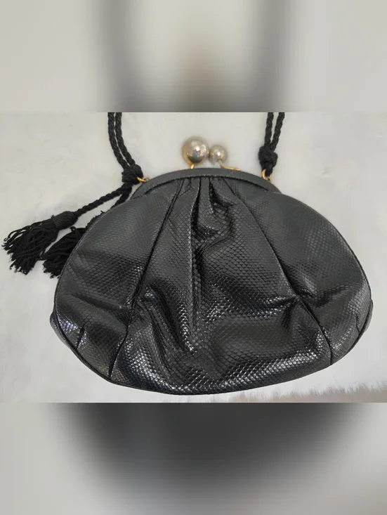 Judith Leiber Black Textured Evening Clutch with Tassel Strap