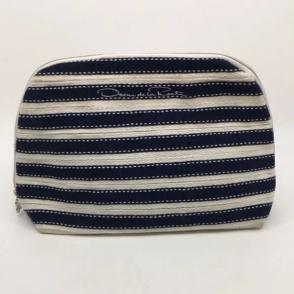 Oscar de la Renta Navy Blue and Cream Striped Padded Makeup / Cosmetic Bag