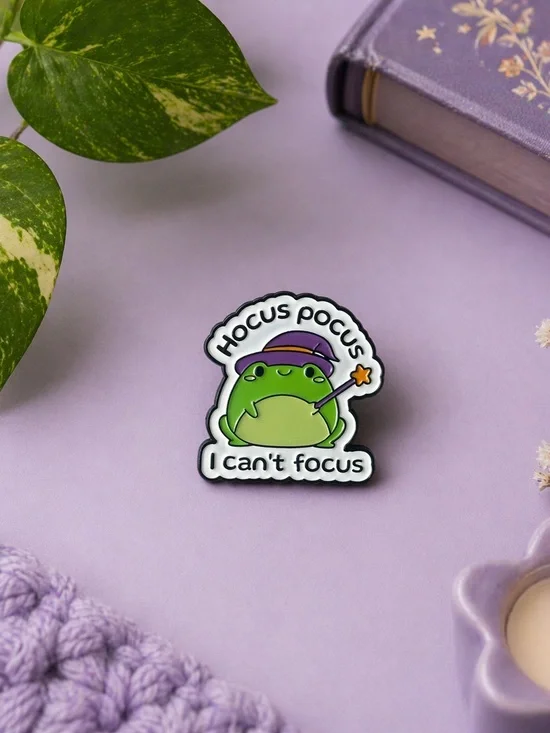 Hocus Pocus I Can't Focus Green Frog Enamel Pin - Cute Witch Hat Design