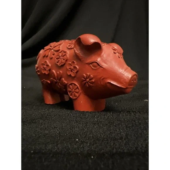 Red Little Pig Floral Carvings Cute Smile 2.25 In Tall X 3.25 Long