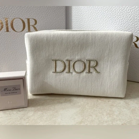 Dior White and Gold Cosmetic Pouch with Miss Dior Perfume