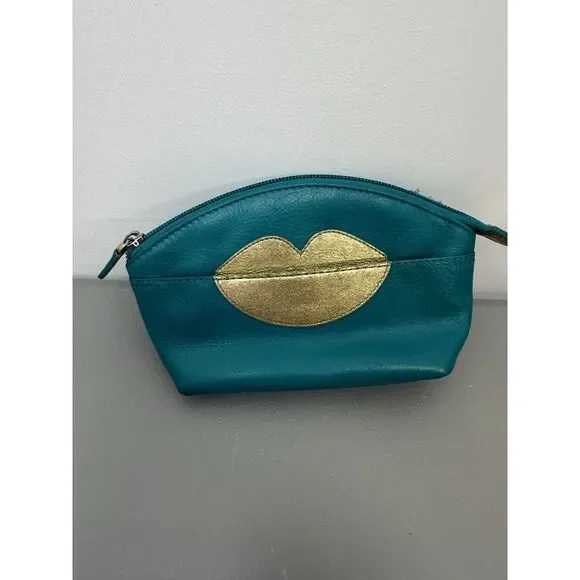 ili New York Hot Lips Cosmetic Case Turquoise‎ /Gold RFID Blocking Leather #30