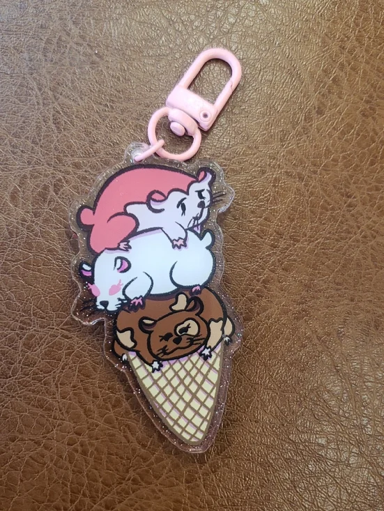 Cute Pink Hamster Ice Cream Keychain Charm - Small Pets Accessory