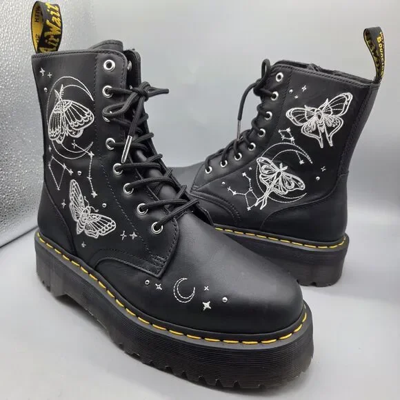 Dr. Martens Jadon Boots Celestial Moth Embroidered Platform Black Women's Sz 11