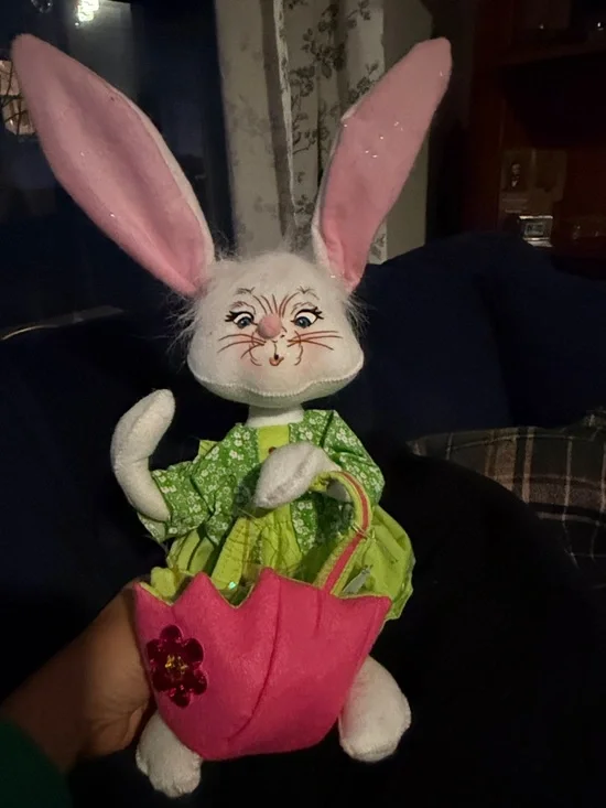 Plush White & Pink Bunny with Green Dress and Pink Basket