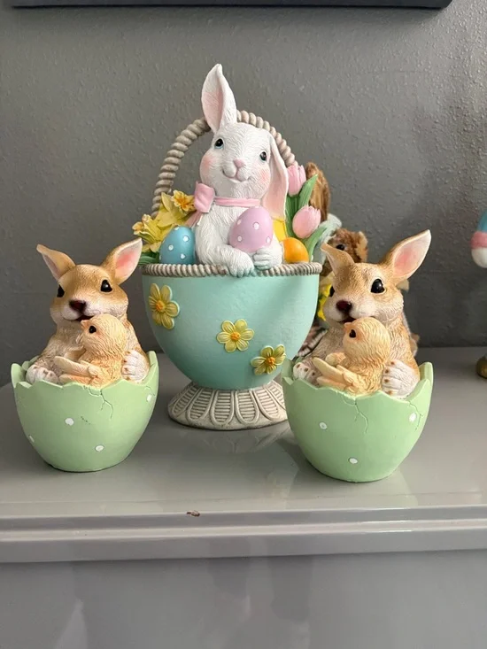 Decorative Pastel Bunny and Bunny-in-Egg Figurine Set - Green and White