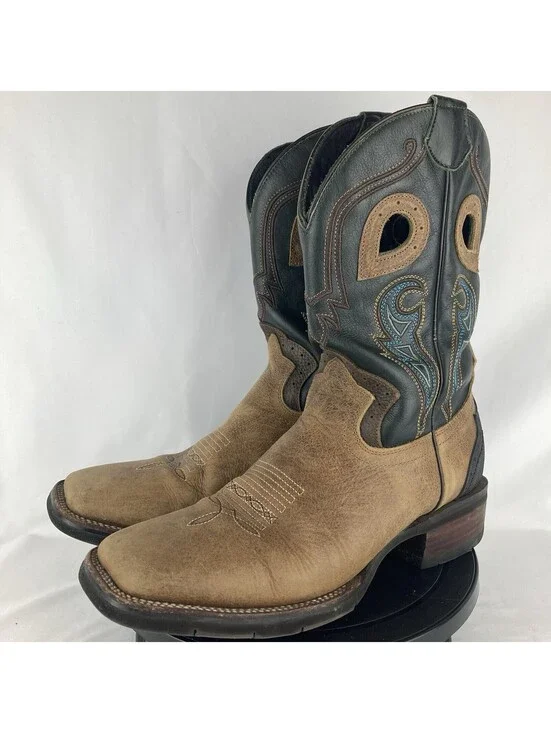 Men’s 9.5 J.B. Dillon Brown Black Leather Blue Stitching Buckaroo Cowboy Boots