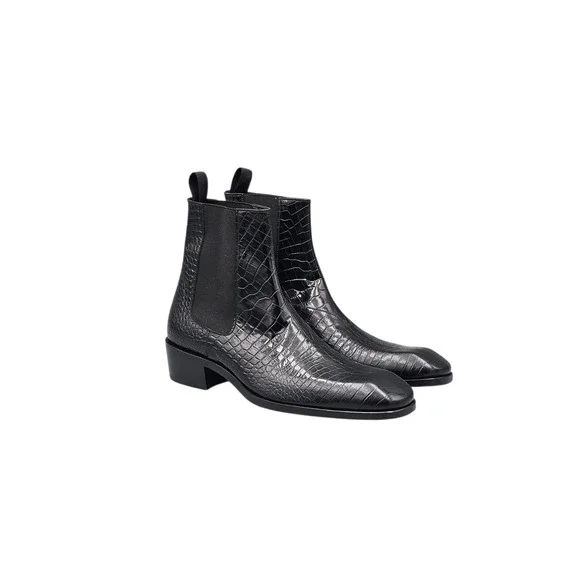TOM FORD Men's Size 8 US Black Hainaut Croc-Effect Leather Chelsea Boots NWOB