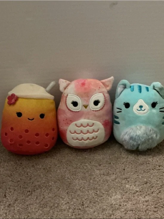 Squishmallows Pink Owl, Blue Cat & Orange Gradient Drink Plush Trio