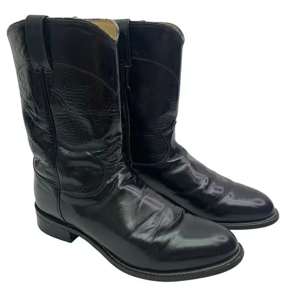 Justin Boots 3133 Mens Sz 9 Black Leather Western Roper Boots Round Toe Cowboy