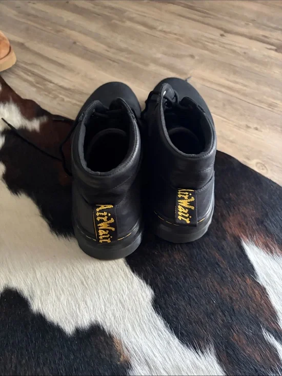 Dr. Martens Black Leather Lace-Up Boots with Yellow Heel Loop