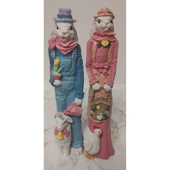 Vintage Bunny Rabbit Tall Figurines Set Of 2 Easter Chicken Tulip Sheep A1